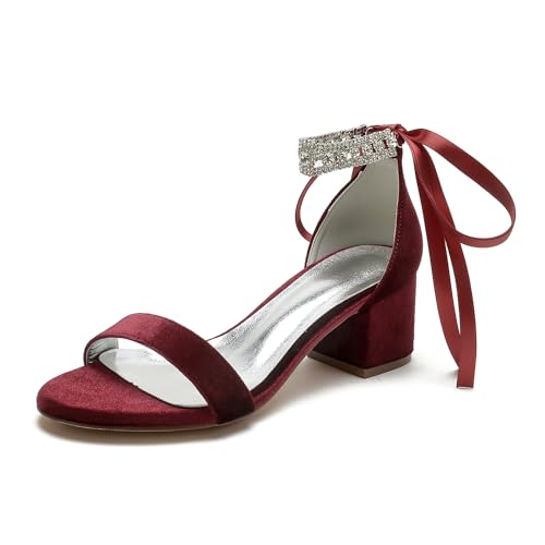 WeFloHsL Damen Knöchelriemen Strass Samtniedriger Blockabsatz Sandalen 702-29K,Burgundy,38 EU von WeFloHsL