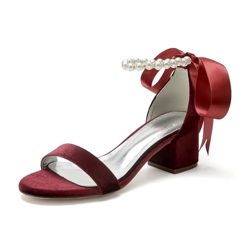 WeFloHsL Damen Mittlerem Blockabsatz Sandalen Samt Perlen Knöchelriemen Schleife Offener Zehen Hochzeits Partyschuhe 702-7K,Burgundy,36 EU von WeFloHsL