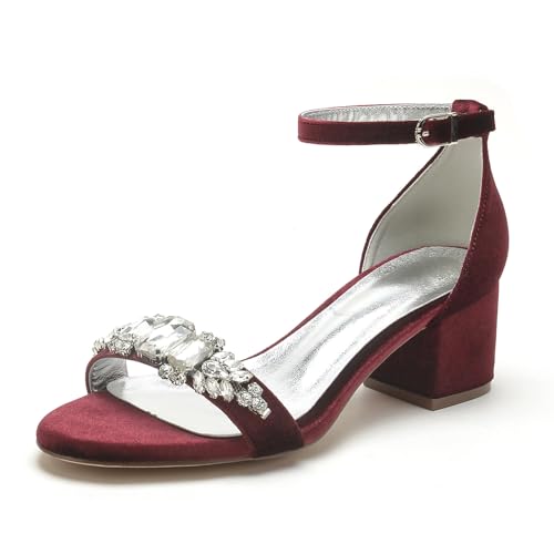 WeFloHsL Damen Sandalen Mit Niedrigem Blockabsatz Samt Strass Offene Zehen Knöchelriemen Party Hochzeit Abendschuhe 702-6K,Burgundy,36 EU von WeFloHsL