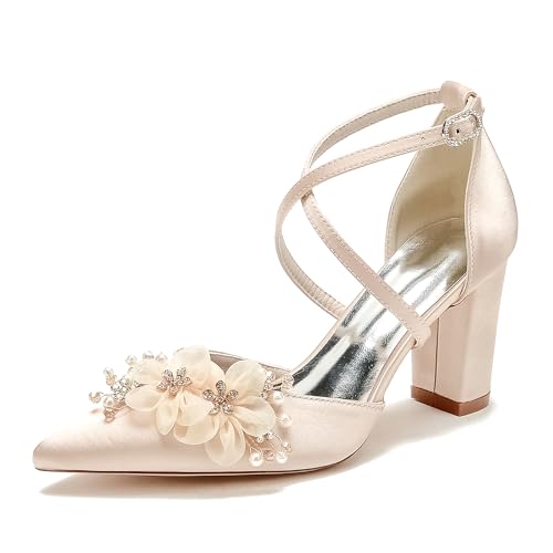 WeFloHsL Damen Satin Blumen Brautschuhe Blockabsatz Knöchelriemen Pumps Spitz Zehen Party Hochzeitsschuhe 22014-59S,Champagne,36 EU von WeFloHsL