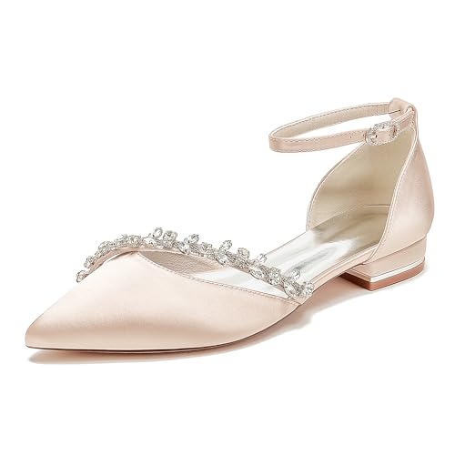 WeFloHsL Damen Satin Hochzeits Ballerinas Knöchelriemen Strass Spitze Zehen Flache Braut Brautjungfernschuhe 18448-46FX,Champagne,37 EU von WeFloHsL