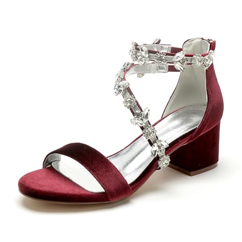 WeFloHsL Damen Strasss Sandalen Mit Niedrigem Blockabsatz Samt Knöchelriemen Offene Zehen Hochzeit Party Abendschuhe 702-18K,Burgundy,36 EU von WeFloHsL