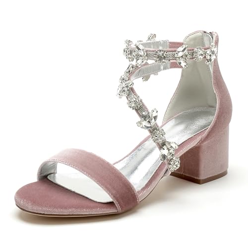 WeFloHsL Damen Strasss Sandalen Mit Niedrigem Blockabsatz Samt Knöchelriemen Offene Zehen Hochzeit Party Abendschuhe 702-18K,Rosa,36 EU von WeFloHsL