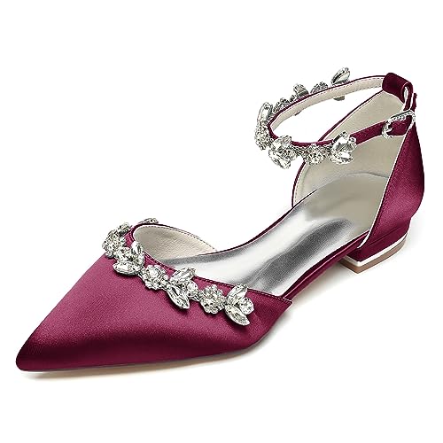 WeFloHsL Flache Brautschuhe Satin Strass Damen Ballerinas Knöchelriemen Spitze Zehen Hochzeitskleid Party Schuhe 18448-46M,Burgundy,37 EU von WeFloHsL