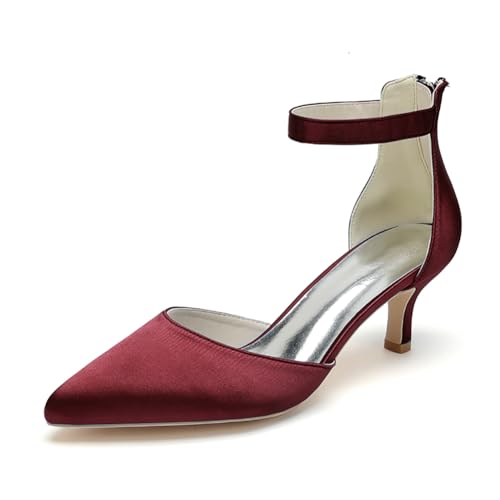 WeFloHsL Frauen Low Kitten Heels Brautschuhe Spitz Zehen Knöchelriemen Pumps Satin Hochzeit Schuhe 2102-03,Burgundy,36 EU von WeFloHsL