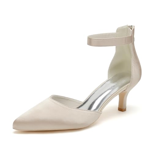 WeFloHsL Frauen Low Kitten Heels Brautschuhe Spitz Zehen Knöchelriemen Pumps Satin Hochzeit Schuhe 2102-03,Champagne,37 EU von WeFloHsL