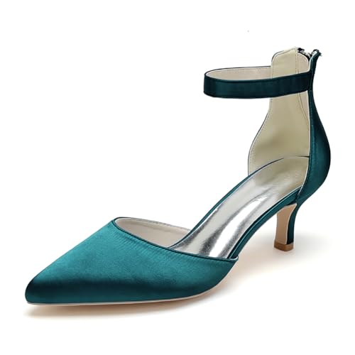 WeFloHsL Frauen Low Kitten Heels Brautschuhe Spitz Zehen Knöchelriemen Pumps Satin Hochzeit Schuhe 2102-03,Teal,41 EU von WeFloHsL