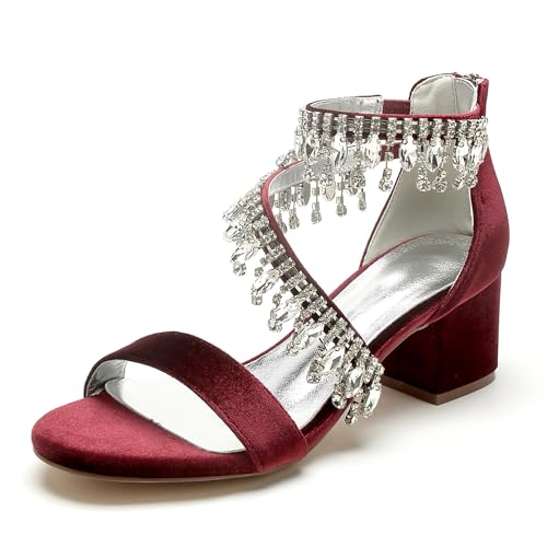 WeFloHsL Samt Blockabsatz Riemchensandalen Damen Strasss Knöchelriemen Offene Zehen Abend Hochzeits Brautschuhe 702-14K,Burgundy,36 EU von WeFloHsL