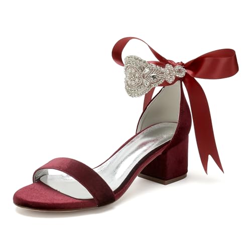 WeFloHsL Samt Knöchelriemen Sandalen Mit Blockabsatz Damen Offene Zehen Perlen Verziert Hochzeit Abendparty Schuhe 702-11K,Burgundy,37 EU von WeFloHsL