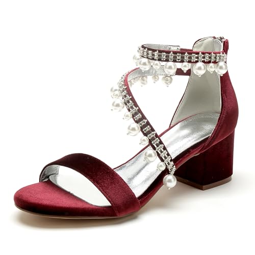 WeFloHsL Samt Sandalen Blockabsatz Damen Perlen Strass Knöchelriemen Offene Zehen Hochzeitskleid Party Schuhe 702-13K,Burgundy,37 EU von WeFloHsL