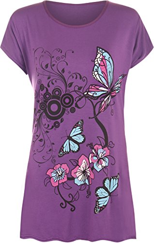 WearAll - Damen Buttefly Drucken Kurzarm-T-Shirt Baggy Top - Violett - 52-54 von WearAll