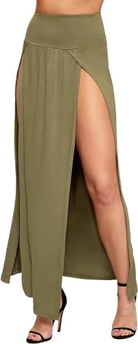 WearAll Damen Double Split Maxi Lange Rock Damen Nur Zwei Grundlegende Seite Schlitz - Khaki - 36-38 von WearAll