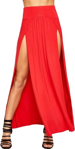 WearAll Damen Double Split Maxi Lange Rock Damen Nur Zwei Grundlegende Seite Schlitz - Rot - 36-38 von WearAll