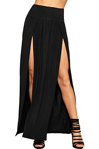 WearAll Damen Double Split Maxi Lange Rock Damen Nur Zwei Grundlegende Seite Schlitz - Schwarz - 36-38 von WearAll