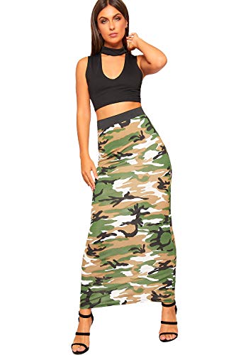 WearAll - Damen Multi Druck Elastische Hoch Taille Strecke Maxi Lang Rock Damen Neu - Camouflage - 40-42 von WearAll