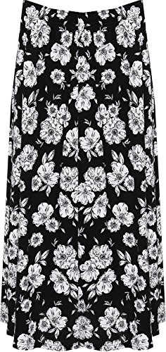 WearAll Damen Plus Blumen Midi- Rock Damen Elastische Taille Druck Strecke Lang - Schwarz Weiß - 56-58 von WearAll