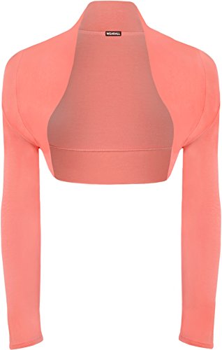 WearAll - Damen Übergröße Einfarbig Langarm Bolero Jäckchen Top - Koralle - 44-46 von WearAll