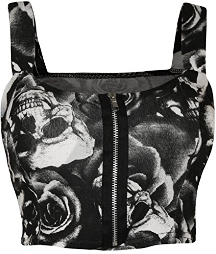 WearAll - Damen reißverschluss Bandeau Boobtube gepolsterte Trageriemen Crop Top Bralet - Skull Roses - 40-42 von WearAll