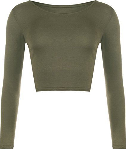 WearAll - Neu Damen Cropped Langarm T Shirt Kurz Schmucklos Rundhalsausschnitt Top - Khaki - 36/38 von WearAll