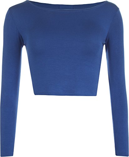 WearAll - Neu Damen Cropped Langarm T Shirt Kurz Schmucklos Rundhalsausschnitt Top - Königsblau - 36/38 von WearAll