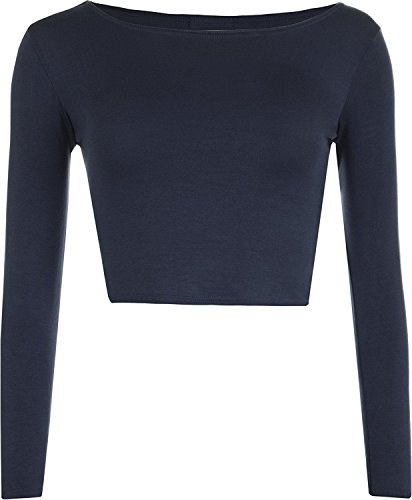 WearAll - Neu Damen Cropped Langarm T Shirt Kurz Schmucklos Rundhalsausschnitt Top - Marineblau - 40/42 von WearAll