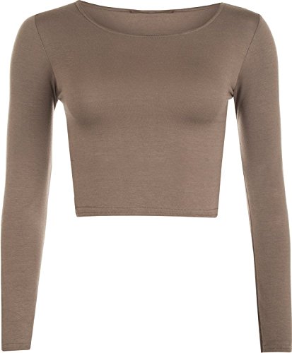 WearAll - Neu Damen Cropped Langarm T Shirt Kurz Schmucklos Rundhalsausschnitt Top - Mokka - 36/38 von WearAll