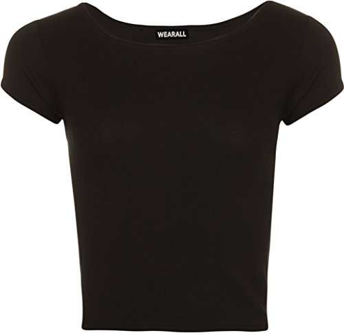 WearAll - Neu Damen Kurzarm Crop Top Rundhalsausschnitt Elastisch Ladies Büstenhalter Unterhemd - Schwarz - 36/38 von WearAll