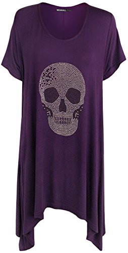 WearAll - Übergröße Schädel Sequin Stud Kurzarm Taschentuch Hem Top - Violett - 54-56 von WearAll