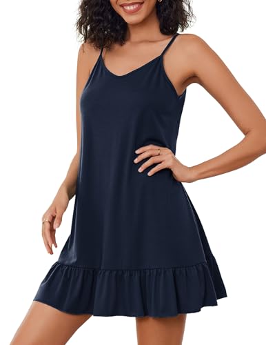 Weardear Schlafshirt Damen Nachthemd Sexy Sommer Klied Urlaub Ärmellos Kurz Unterkleid Spaghettiträger Marine blau XL von Weardear