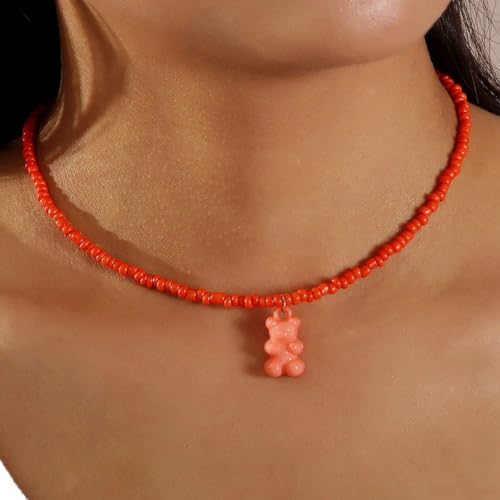 Wedity Teddybär-Anhänger-Halskette, Bonbonfarbe, handgefertigte Reisperlen-Halskette, süßer Kragenschmuck für Frauen und Mädchen (Orange) von Wedity