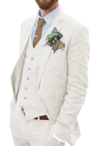 Retro Leinen Herren Anzug Strand Hochzeit Anzug Sommer Slim Fit 3 Stück Leicht Leinen Anzug Jacke Weste Hose Homecoming Smoking, elfenbeinfarben, XS Retro Leinen Herren Anzug Strand Hochzeit Anzug Sommer Slim Fit 3 Stück Leicht Leinen Anzug Jacke Weste Hose Homecoming Smoking, elfenbeinfarben, XS von Wehilion