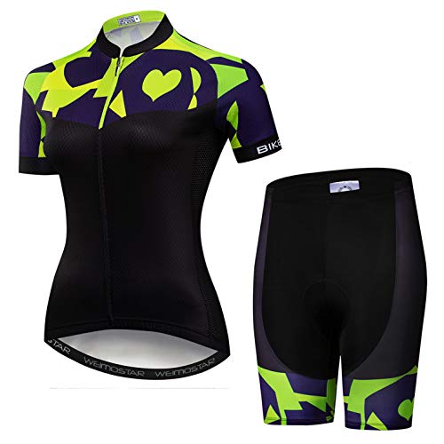 Radtrikot Trikot Set Frauen Fahrrad Trikot Shorts Anzug gepolsterte Damen MTB Top Bottom Shirts Road Mountain Fahrrad Kleidung Kleidung Uniform Sommer Rennen Reiten Grün Größe XXL von Weimostar