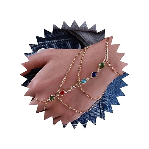 Wendalern Armband Handkette Für Frauen Geschichtet Bunt Strass Fingerring Armband Boho Sklavenarmband Handgeschirr Kette Persönlichkeit Regenbogen Kristall Kette Ring Armband Schmuck Für Mädchen von Wendalern