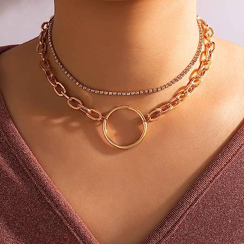 Wendalern Gold Kreis Choker Halskette Geschichtet Büroklammer Link Kette Halskette Schichtung Geometrische Kette Ring Anhänger Halskette Kristall Kette Tennis Halskette Schmuck Für Frauen Mädchen von Wendalern