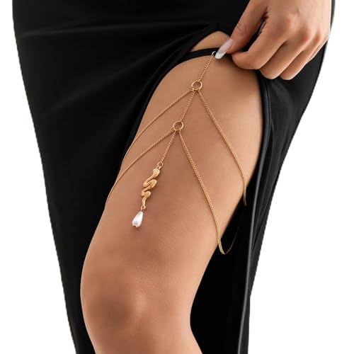 Wendalern Gold Schlange Oberschenkel Kette geschichtet Schlange Perle Bein Kette Stretch Schlange Oberschenkel Strumpfband Kette Bikini Körper Kette Rave Party Prom Körperschmuck Zubehör für Frauen von Wendalern