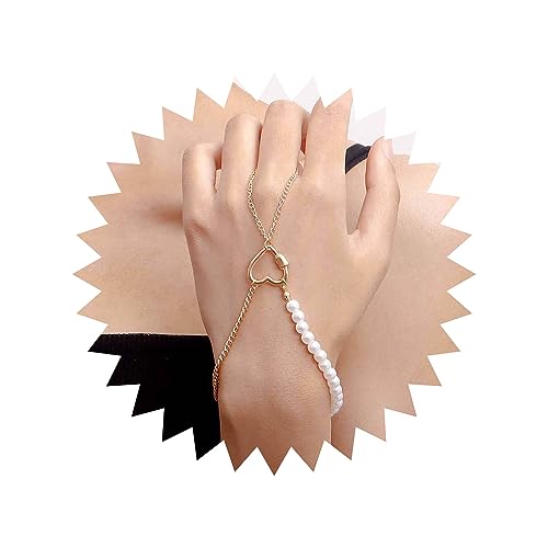 Wendalern Ring Armband Handkette Für Frauen Nachahmung Perle Herz Finger Ring Armband Boho Sklavenarmband Handgeschirr Kette Persönlichkeit Perlenkette Ring Armband Schmuck Für Mädchen von Wendalern