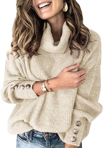 Wenrine Damen Rollkragen Pullover Winter Langarm Lose Strickpullover Casual Warm Gestrickt mit Metallknöpfen, Beige, M von Wenrine