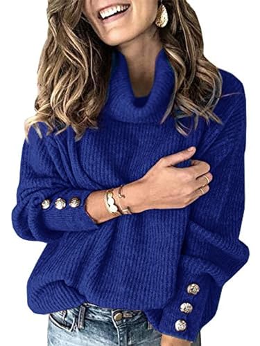 Wenrine Damen Rollkragen Pullover Winter Langarm Lose Strickpullover Casual Warm Gestrickt mit Metallknöpfen von Wenrine