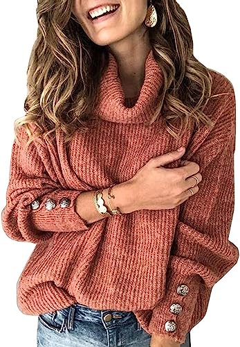 Wenrine Damen Rollkragen Pullover Winter Langarm Lose Strickpullover Casual Warm Gestrickt mit Metallknöpfen von Wenrine