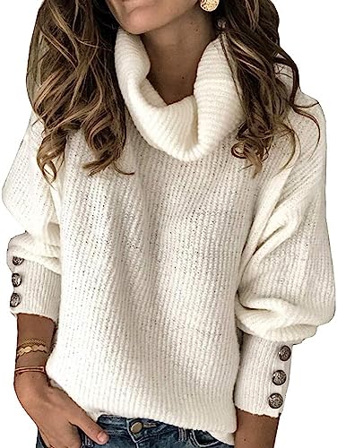 Wenrine Damen Rollkragen Pullover Winter Langarm Lose Strickpullover Casual Warm Gestrickt mit Metallknöpfen von Wenrine