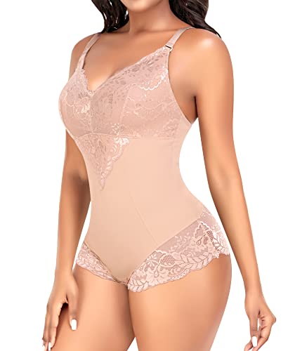 Werkiss Body Shapewear für Damen, Schlankheitsgürtel, flacher Bauch, Shapewear, Bodysuit, Bauchkontrolle, Spitze, Dessous, Top, #2 Beige-Schnürsenkel, 46 von Werkiss