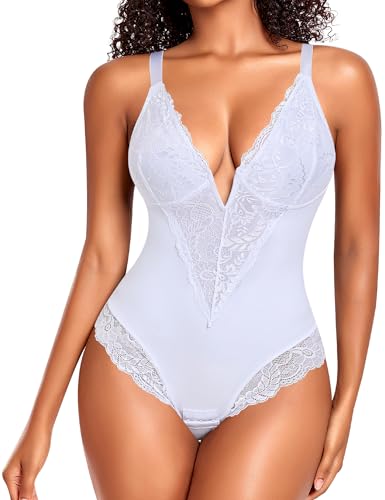 Werkiss Figurformender Body für Damen, schlankmachend, flacher Bauch, Shapewear, Bodysuit, unsichtbare Spitze, Schlankheitseffekt, weiß, 48 von Werkiss