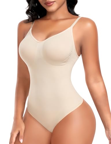 Werkiss Shapewear Damen Bauchweg Body Shaper Shaping Bodysuit Sculpting Tanga mit Verstellbarer Schultergurt Shaping Miederbody Nahtlose Figurformende Unterwäsche(#1 Beige-Tanga, S) von Werkiss