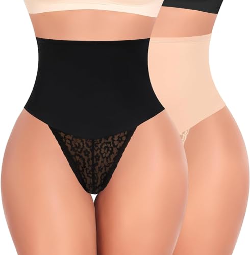 Werkiss Shapewear Damen Bauchweg Unterhose Spitze String Tanga Slip Miederhose Miederslip Figurformende Shaping Unterwäsche Miederpants Unterbauch Kontrolle Body Shaper(#2 Schwarz+beige, M) von Werkiss