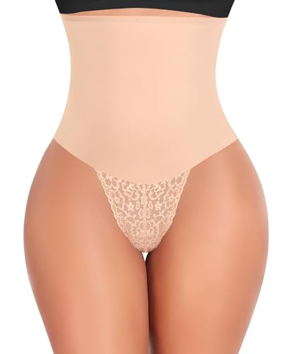 Werkiss Shapewear Damen Bauchweg Unterhose Spitze String Tanga Slip Miederhose Miederslip Figurformende Shaping Unterwäsche Miederpants Unterbauch Kontrolle Body Shaper(#3 Beige-hohe Taille, L) von Werkiss