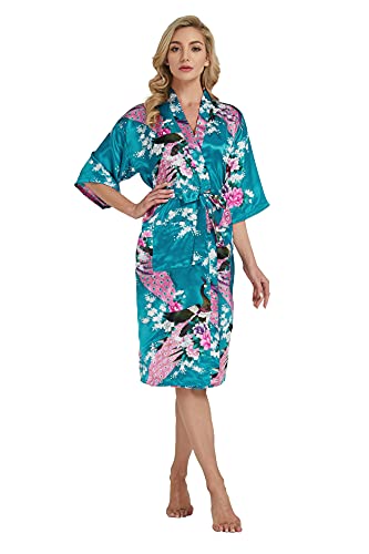 Westkun Damen Kimono Morgenmantel Lange Satin Bademantel Sexy Pfau Gedruckt Strickjacke Kimono Lang Robe Nachtwäsche Nachthemd für Braut Schlafanzug Party 3/4 Arm(Blau,M) von Westkun