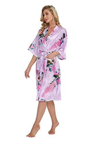 Westkun Damen Kimono Morgenmantel Lange Satin Bademantel Sexy Pfau Gedruckt Strickjacke Kimono Lang Robe Nachtwäsche Nachthemd für Braut Schlafanzug Party 3/4 Arm(Helllila,XXL) von Westkun