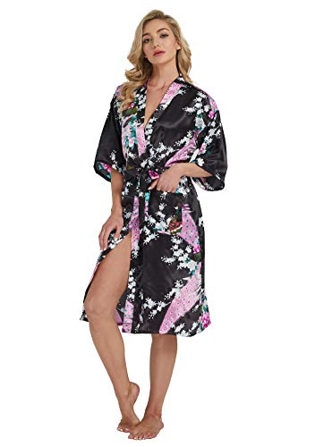 Westkun Damen Kimono Morgenmantel Lange Satin Bademantel Sexy Pfau Gedruckt Strickjacke Kimono Lang Robe Nachtwäsche Nachthemd für Braut Schlafanzug Party 3/4 Arm(Schwarz,3XL) von Westkun