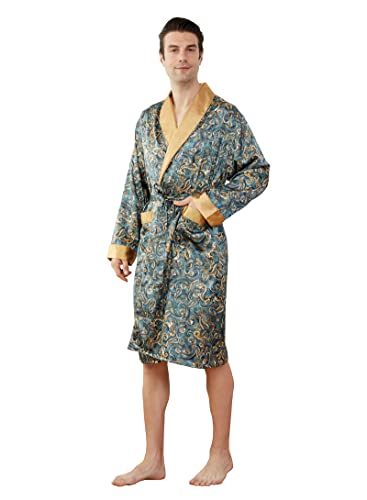 Westkun Herren Morgenmantel Kimono Bademantel Satin Lang Nachtwäsche Robe Strickjacke Japanische Pyjamas Nachtwäsche V Ausschnitt mit Taschen und Gürtel(Paisley,L) von Westkun