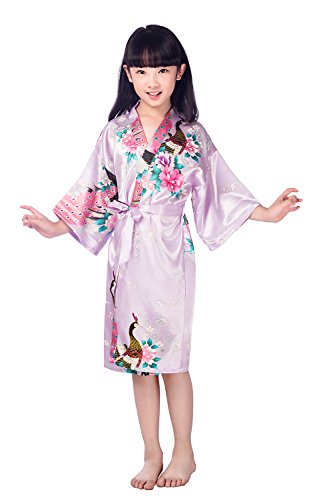 Westkun Mädchen Kimono Kinder Morgenmantel Satin Seide Japanisch Roben Kurze Blumen Muster Bademantel(Helllila,Tag 14) von Westkun